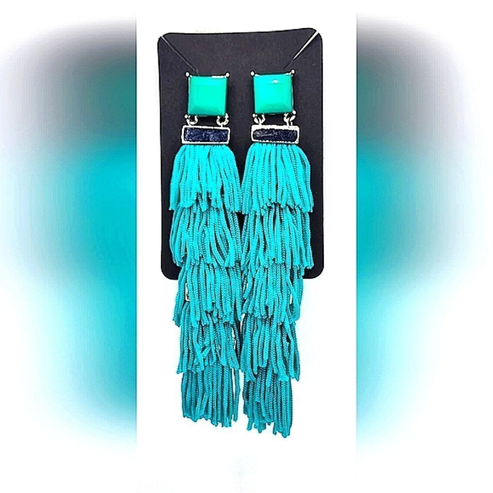 Turquoise & Silver Tone Tassle & Bars Earrings 5"
